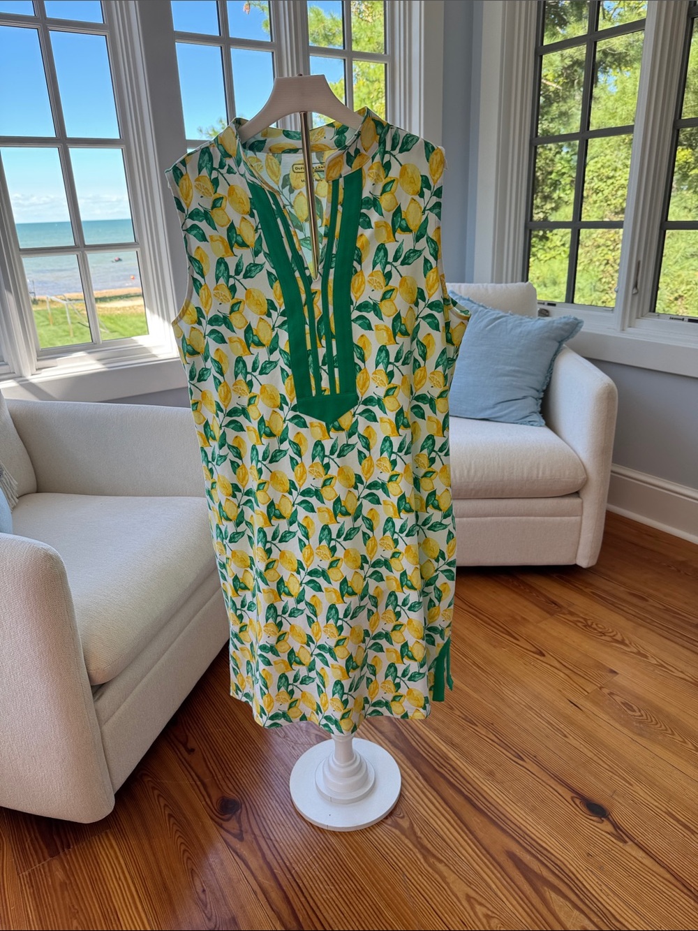 Duffield Lane Yellow Lemon Print Shift Dress with Green Trim Plaque